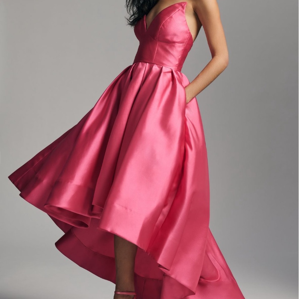 Anthropologie Hutch Sabrina Strapless V Neck Pleated Hi-Lo Gown